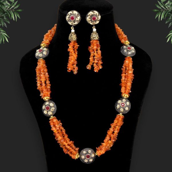 Orange Color Stone Necklace Set-10690