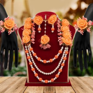 Orange Color Synthetic Rose Floral Necklace Set-0