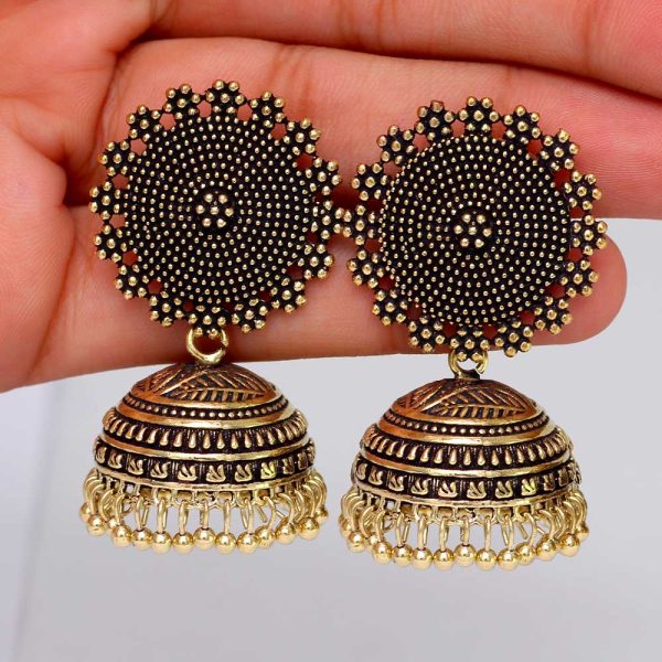 Oxidised Gold Plated Handmade Jhumka Brass Earrings-10770