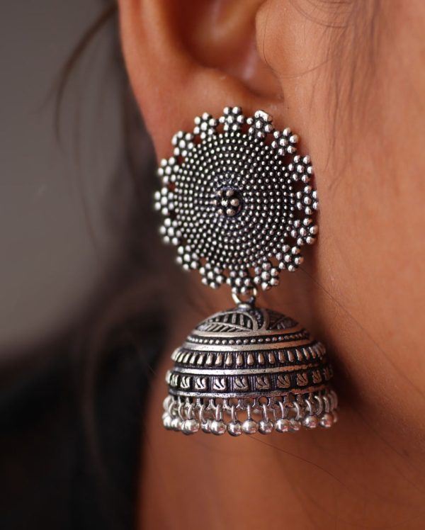Oxidised Silver Plated Handmade Jhumka Brass Earrings-10773
