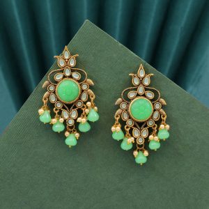 Parrot Green Color Carving Stone Antique Earrings-0