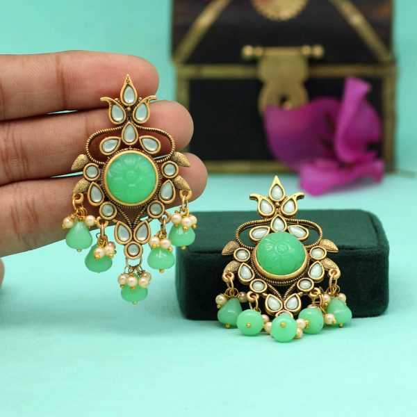 Parrot Green Color Carving Stone Antique Earrings-14462