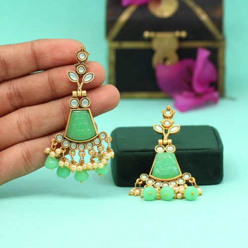 Parrot Green Color Carving Stone Antique Earrings