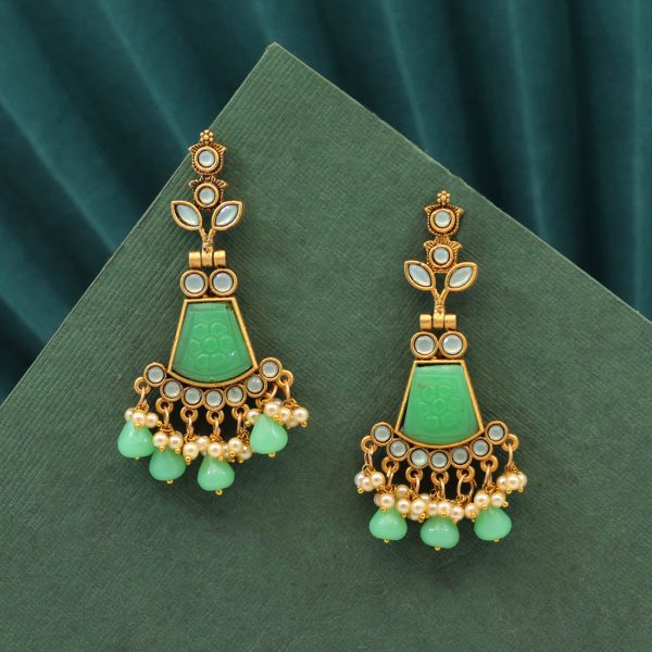 Parrot Green Color Carving Stone Antique Earrings-14496