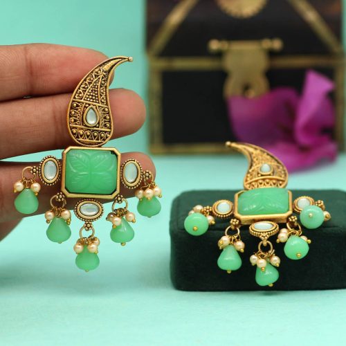 Parrot Green Color Carving Stone Antique Earrings