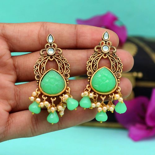 Parrot Green Color Carving Stone Antique Earrings