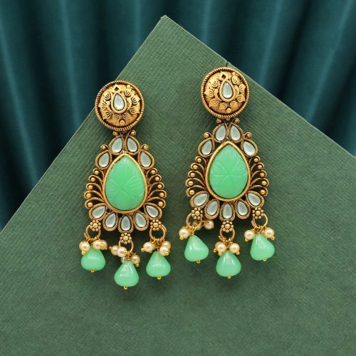 Parrot Green Color Carving Stone Antique Earrings