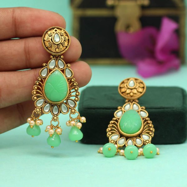 Parrot Green Color Carving Stone Antique Earrings-14089