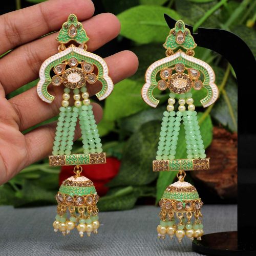 Parrot Green Color Glass Stone Mint Meena Long Earrings