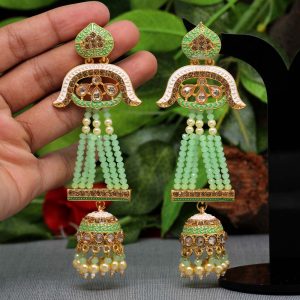 Parrot Green Color Glass Stone Mint Meena Long Earrings-0