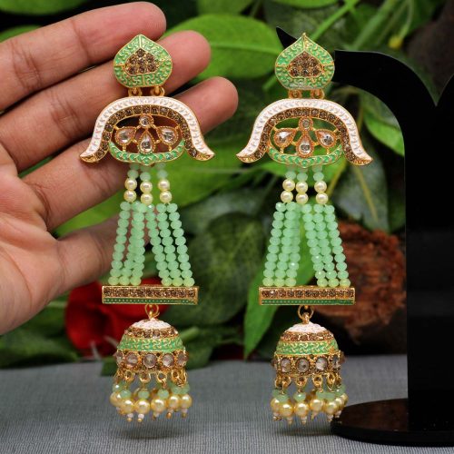 Parrot Green Color Glass Stone Mint Meena Long Earrings