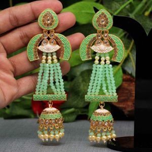 Parrot Green Color Glass Stone Mint Meena Long Earrings-0