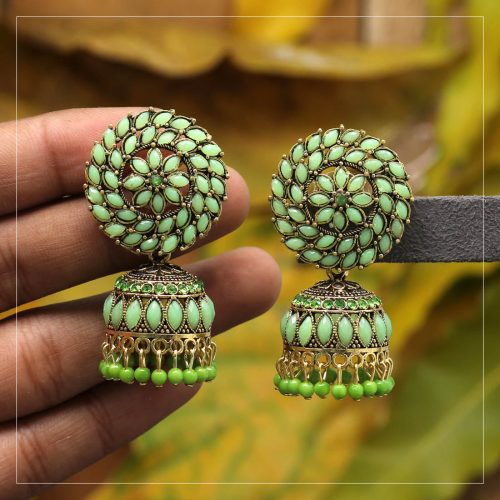 Parrot Green Color Glass Stone Oxidised Earrings