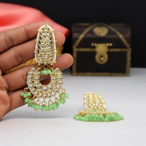 Parrot Green Color Kundan Earrings-0