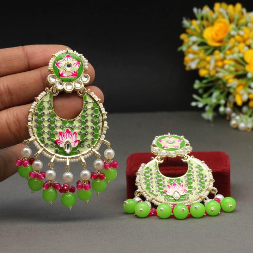 Parrot Green Color Kundan Meenakari Earrings