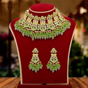Parrot Green Color Kundan Meenakari Necklace Set-0