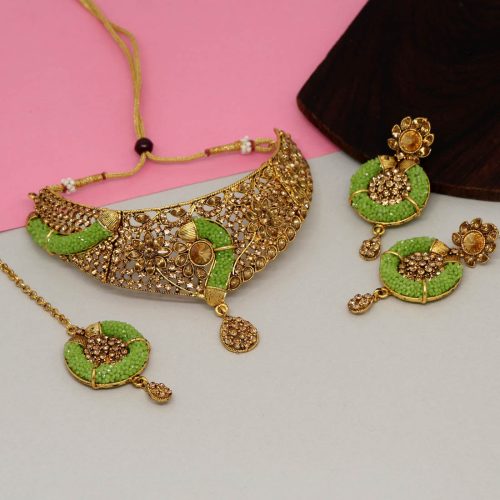 Parrot Green Color Kundan Polki Necklace Set