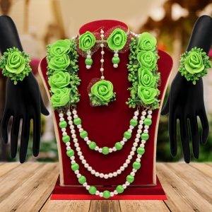 Parrot Green Color Synthetic Rose Floral Necklace Set-0