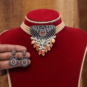 Peach Color American Diamond Choker Necklaces Set-0