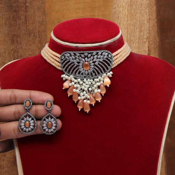 Peach Color American Diamond Choker Necklaces Set-0