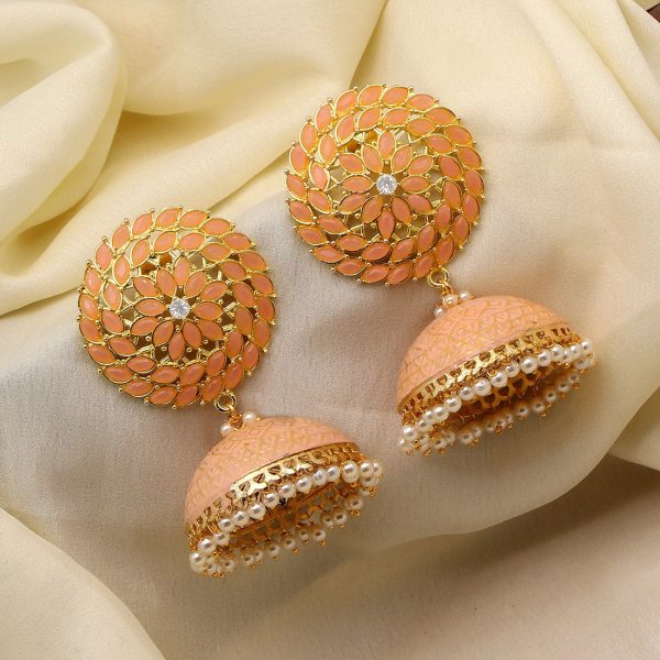 Peach Color Big Jhumka Meenakari Earrings-0