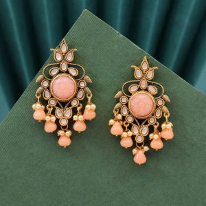 Peach Color Carving Stone Antique Earrings-0