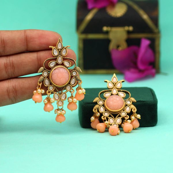 Peach Color Carving Stone Antique Earrings-14472