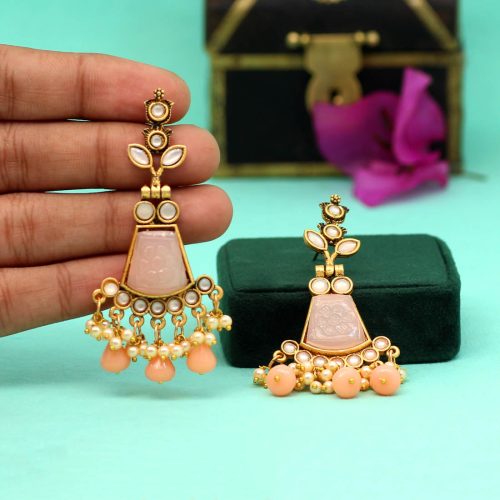 Peach Color Carving Stone Antique Earrings