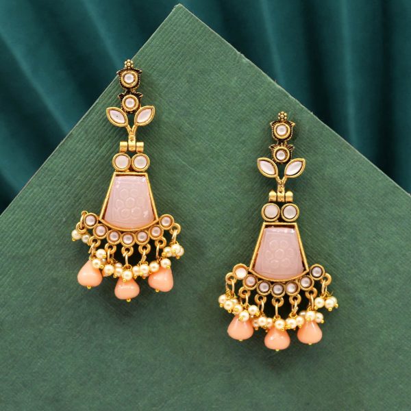 Peach Color Carving Stone Antique Earrings-14492