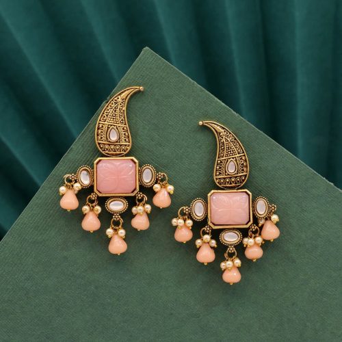 Peach Color Carving Stone Antique Earrings