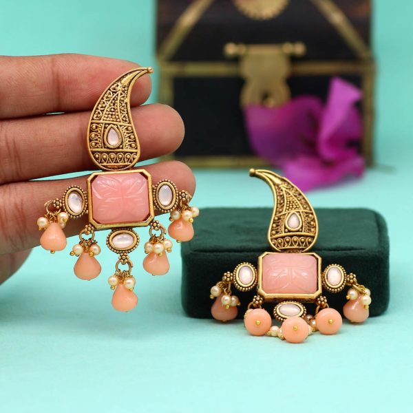 Peach Color Carving Stone Antique Earrings-14516