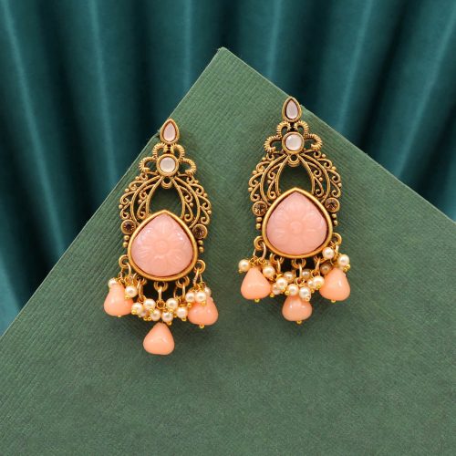 Peach Color Carving Stone Antique Earrings