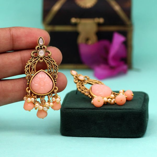 Peach Color Carving Stone Antique Earrings-14059