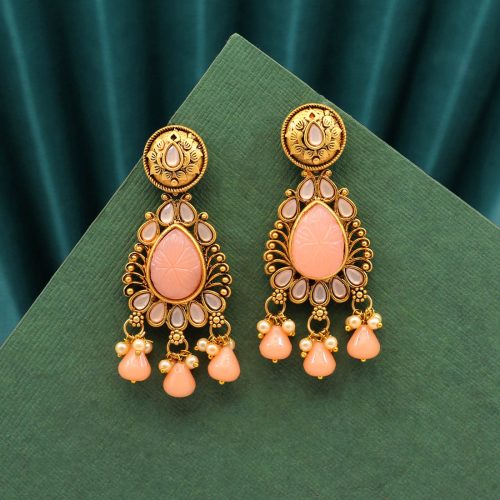 Peach Color Carving Stone Antique Earrings