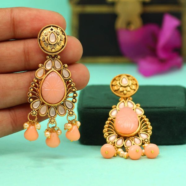 Peach Color Carving Stone Antique Earrings-14085