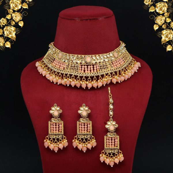 Peach Color Choker Kundan Polki Necklace Set-0