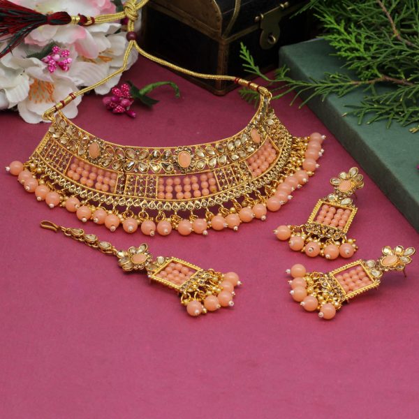 Peach Color Choker Kundan Polki Necklace Set-4880