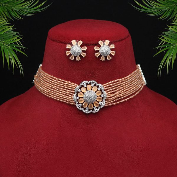 Peach Color Choker Premium American Diamond Necklace Set-4699