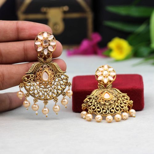 Peach Color Colorful Kundan Antique Earrings