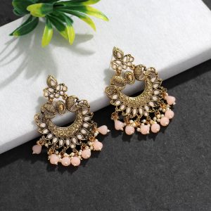 Peach Color Colorful Kundan Antique Earrings-0