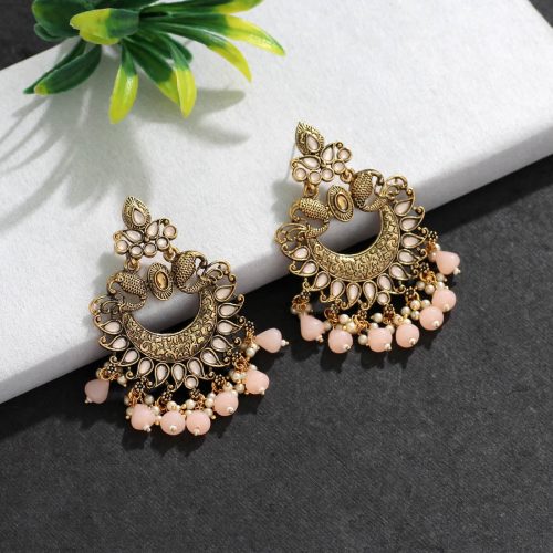 Peach Color Colorful Kundan Antique Earrings