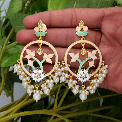 Peach Color Glass Stone Meenakari Earrings