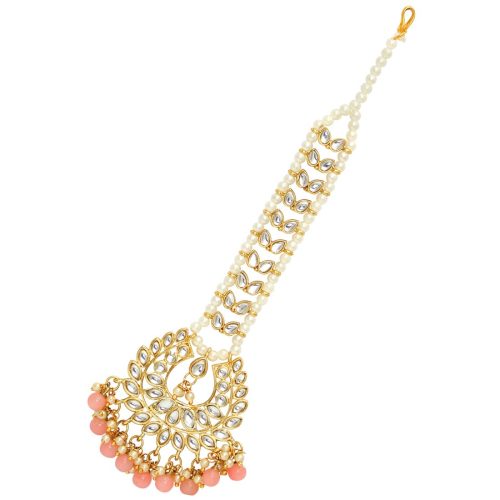 Peach Color Imitation Pearl & Kundan Maang Tikka