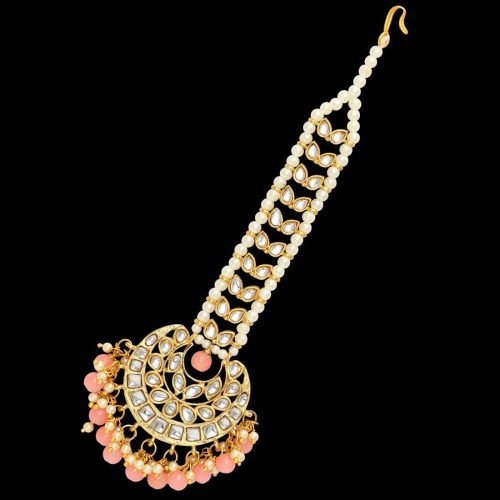 Peach Color Imitation Pearl & Kundan Maang Tikka