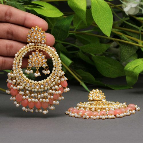 Peach Color Kundan Earrings