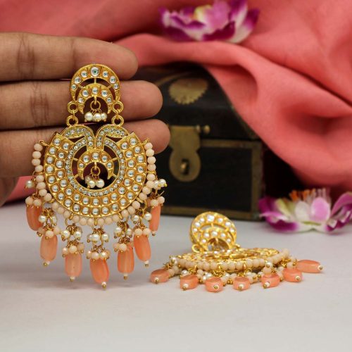 Peach Color Kundan Earrings