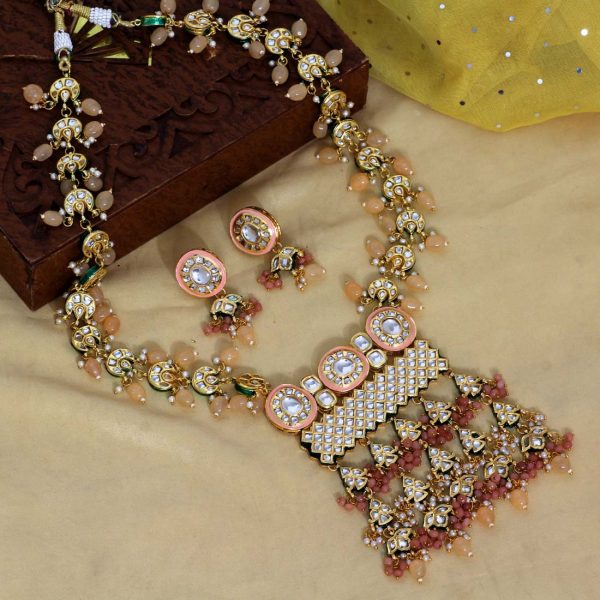 Peach Color Kundan Meena Necklace Set-0