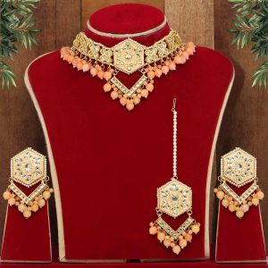 Peach Color Kundan Meena Necklace Set-0