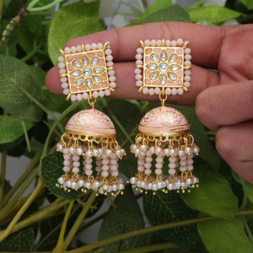 Peach Color Kundan Meenakari Earrings