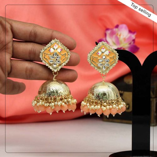 Peach Color Kundan Meenakari Earrings